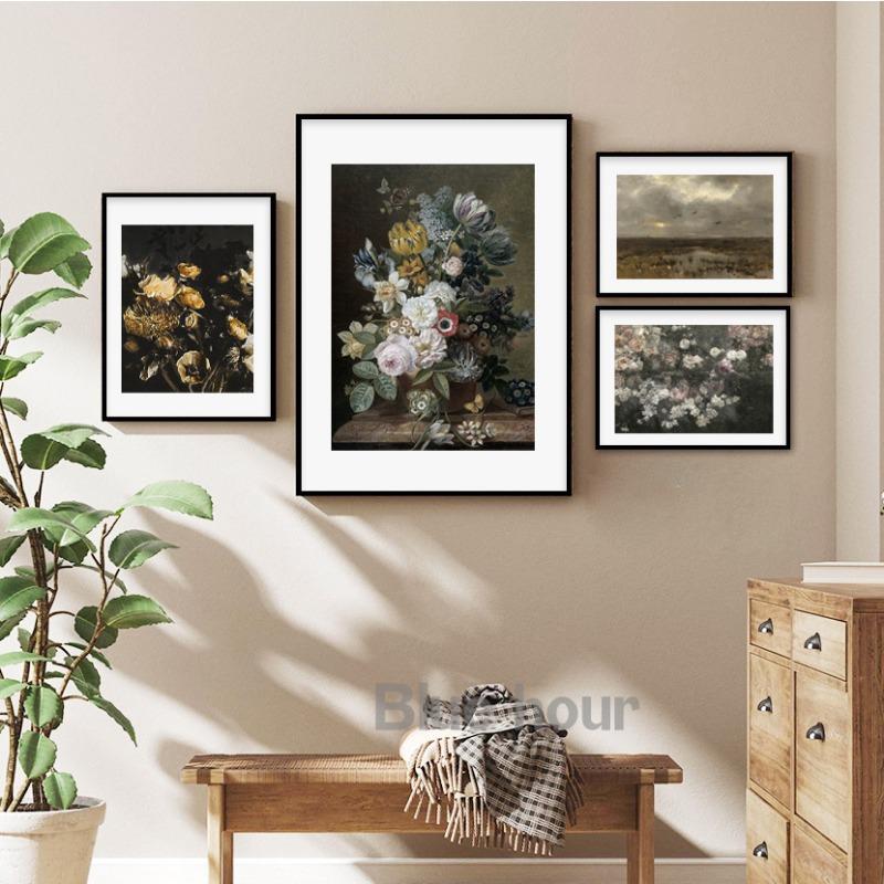 Moody Cloud Landscape Oil Painting Art Prints Rustic Forest Canvas Poster Antique Flower Print Vintage Country Wall Art Decor