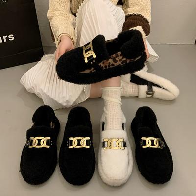 Модные женские туфли с леопардовым принтом на осень, повседневные туфли с круглым носком, толстая подошва, мокасины без застежек, меховые, новые осенние туфли для ходьбы на открытом воздухе, без застежек 2024