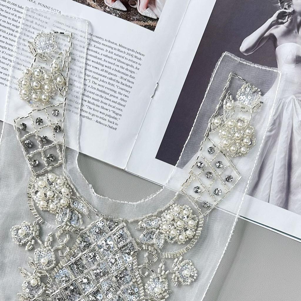 White Handmade Beaded Sequined Flower Mesh Collar Exotic Dress Wedding Decoration Accessories Front Collar Cloth Sticker