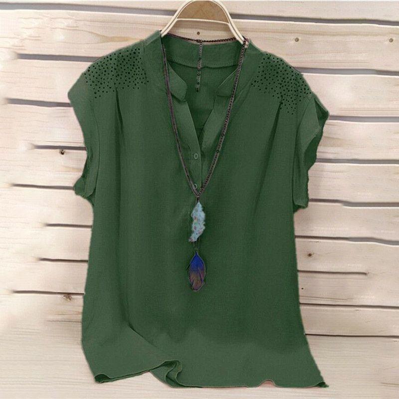 Elegant Womens Summer Button V Neck Short Sleeve T Shirt For Plus Size Ladies