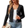 Женский вязаный кардиган с V-образным вырезом на пуговицах, с длинным рукавом, вязаная куртка, однотонные эластичные короткие вязаные топы для повседневной носки