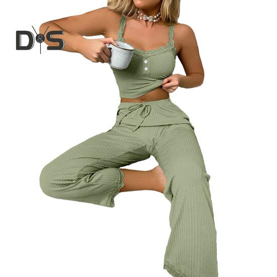 2 Pcs/Set Pants Top Suit Low-cut V Neck Sleeveless Solid Color Shirring Drawstring High Elastic Waist Lace Women Summer Pajamas Set Homewear Tank Top