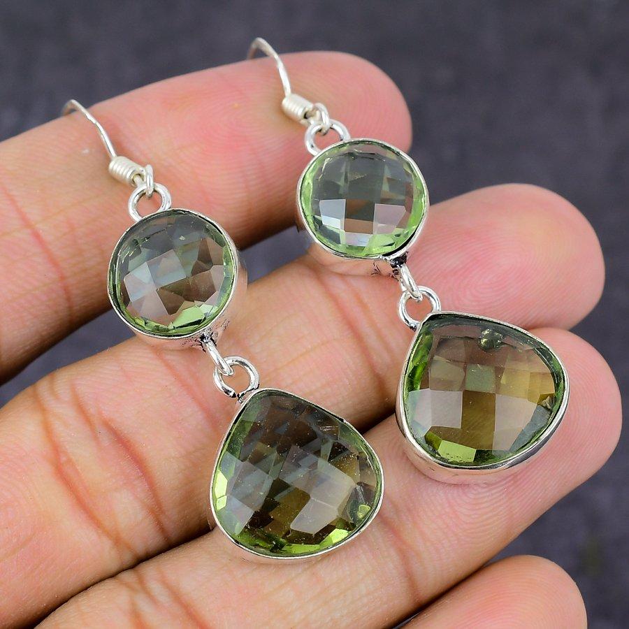 Green Amethyst Gemstone Handmade 925 Sterling Silver Jewelry Earring 2.21" Z7q22