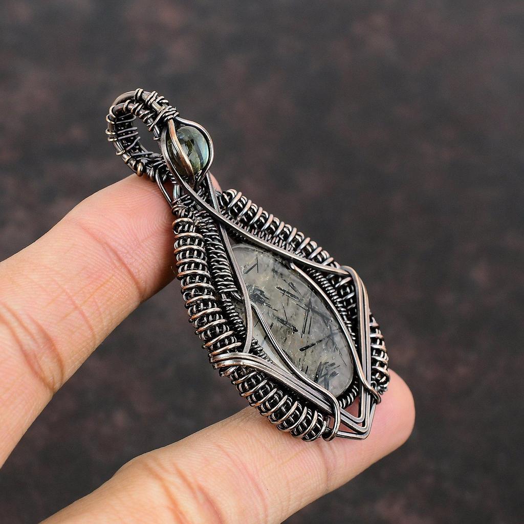 Black Rutile Pendant Copper Wire Wrapped Gemstone Pendant Antique Copper Jewelry Labradorite Pendant Handmade Pendant Wire Jewelry For Gift
