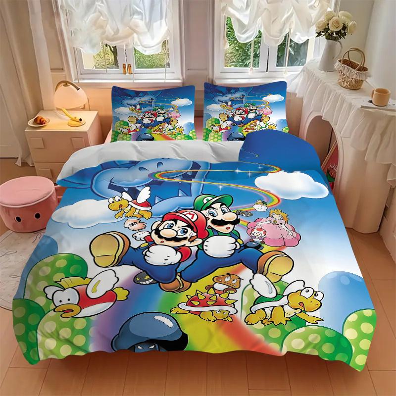 Постельное белье с принтом персонажей Mario Bros, 3 предмета (1 Пододеяльник + 2 Наволочки, Без Наполнителей), Этот постельный комплект с принтом мягкий и удобный, С