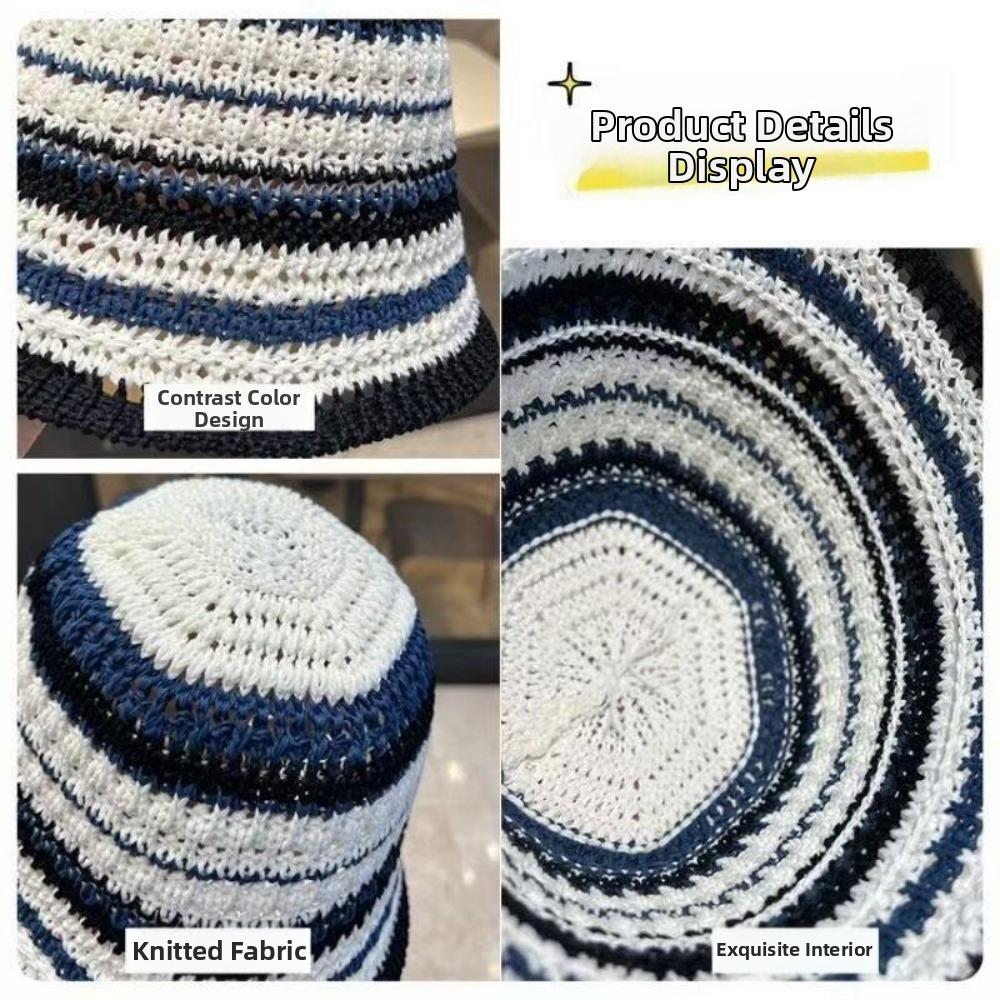Striped Knitted Hollow Fisherman Hat UV Protection Breathable Straw Bucket Cap Big Eaves Multicolor Thin Sunshade Hat Travel