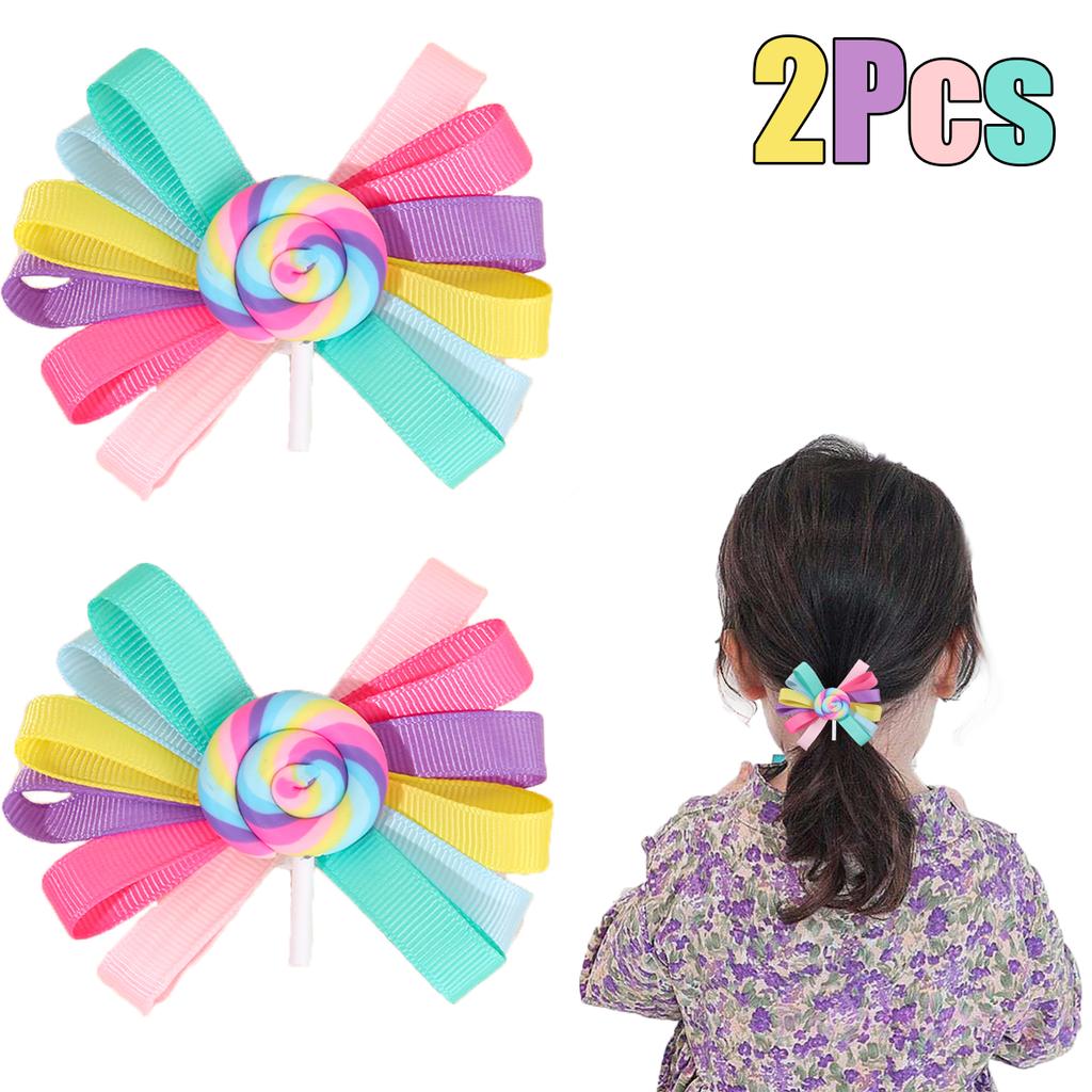 2Pcs Trendy Lollipop Hair Clip Sweet Rainbow Candy Ribbon Hairpin Cute Popular Bow Barrette For Girls Kids Headdress Accessories