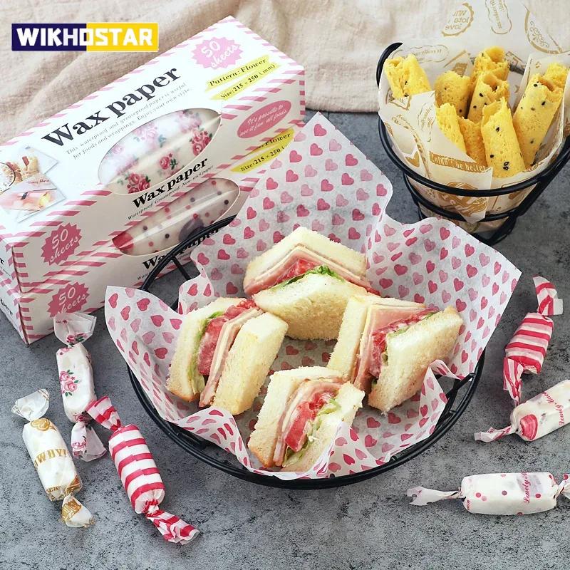 50 шт. - пищевая упаковочная бумага, пищевая жирная вощеная бумага, салфетки для закусок, бумага, устойчивая к воздействию масла, инструмент для выпечки бургеров, картофель фри, восковая бумага для запекания