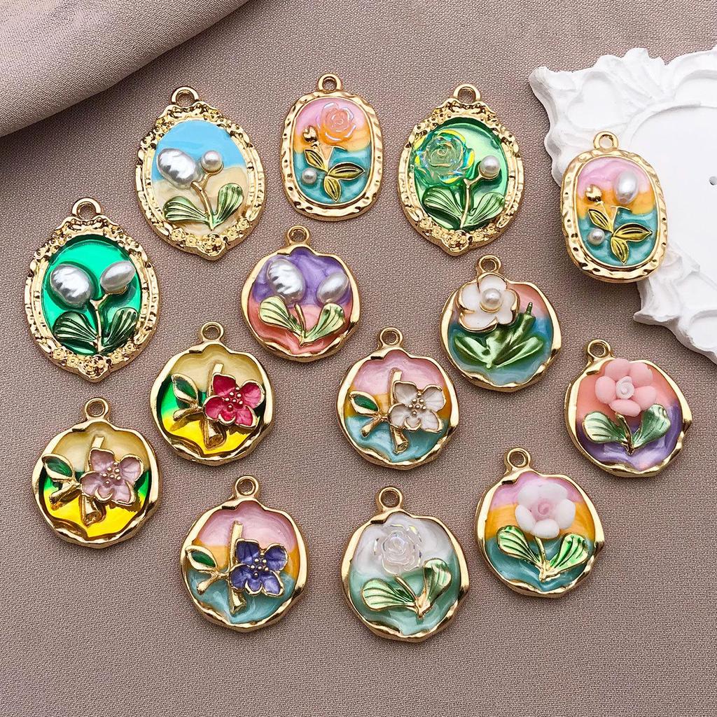 Французский Ретро Роскошный Набор Эмалевых Серьг и Ожерелья: Сад Моне Масляная живопись Дизайн цветов