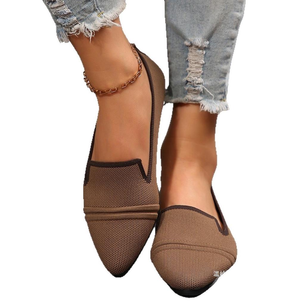 Women's Pointed Toe Flat Shoes Solid Color Knitted Slip On Shoes Casual Breathable Flats Women Flat Loafers Comfort Ladies Shoes