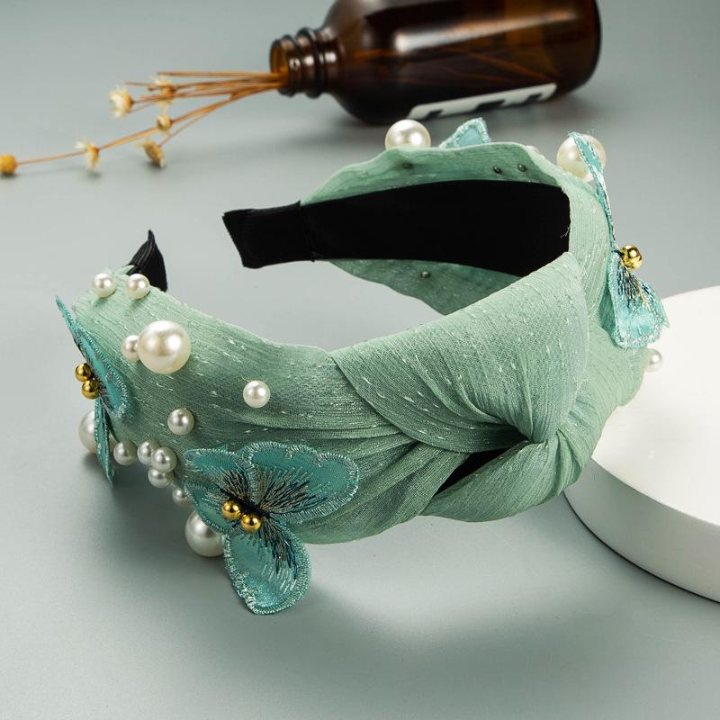 Женская кружевная повязка на голову для мытья лица с бабочкой и жемчугом, однотонная повязка на голову с широким краем и крестообразным узлом