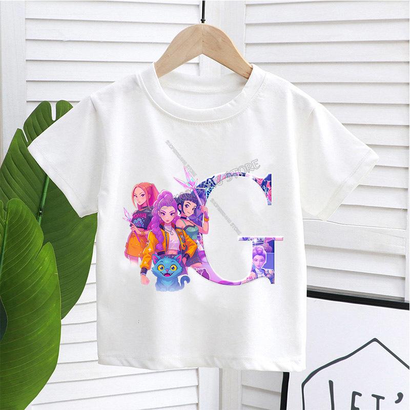 K-pop Охотники на демонов Белая футболка для детей Футболка с буквами от A до Z Топ Мультяшная одежда с круглым вырезом Детская одежда с коротким рукавом Подарок