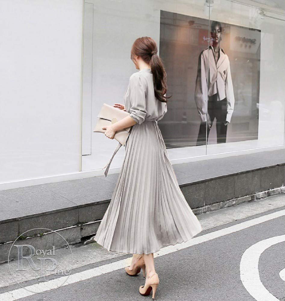 Королевская сосна Рубашка Длинное плиссированное с поясом Легкое женское А-силуэта платье, Рукава, Шифон, (XL, Серый)