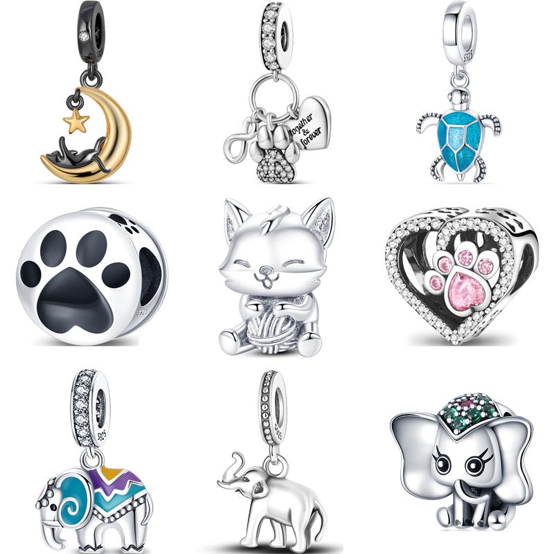 925 Sterling Copper Cute Elephant Dog Paw Print Cat Rabbit Cartoon Beads Fit Original Pantaro Charms Bracelet DIY Zircon Making