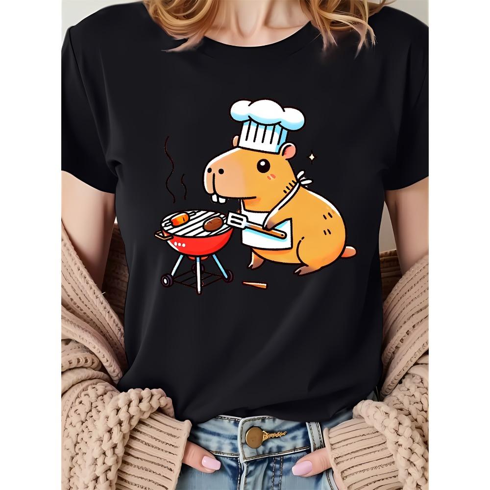 Женская белая футболка с коротким рукавом Милая морская свинка Повар BBQ Графический принт Топы в стиле Харадзюку с коротким рукавом