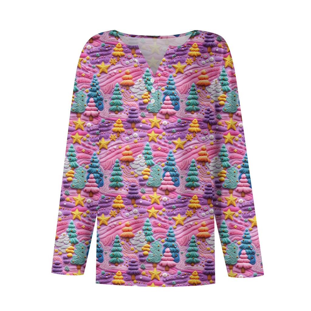 Women's Fashion Casual V-Neck Button-Up Long-Sleeve T-Shirt With Christmas Print Top