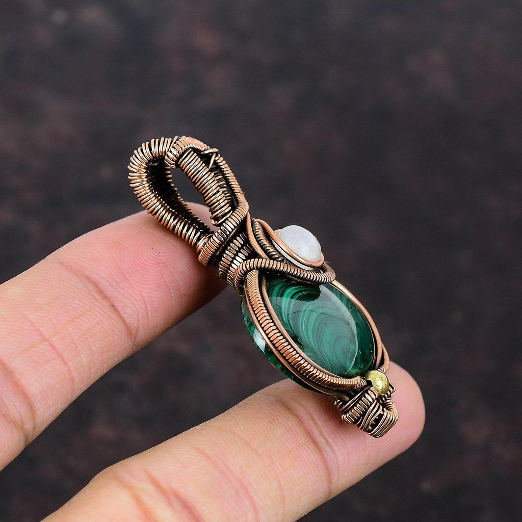 Подвеска из малахита, подвеска из медной проволоки, подвеска из радужного лунного камня, ювелирное изделие ручной работы, подвеска из драгоценного камня, уникальное медное ювелирное изделие, подарок для нее