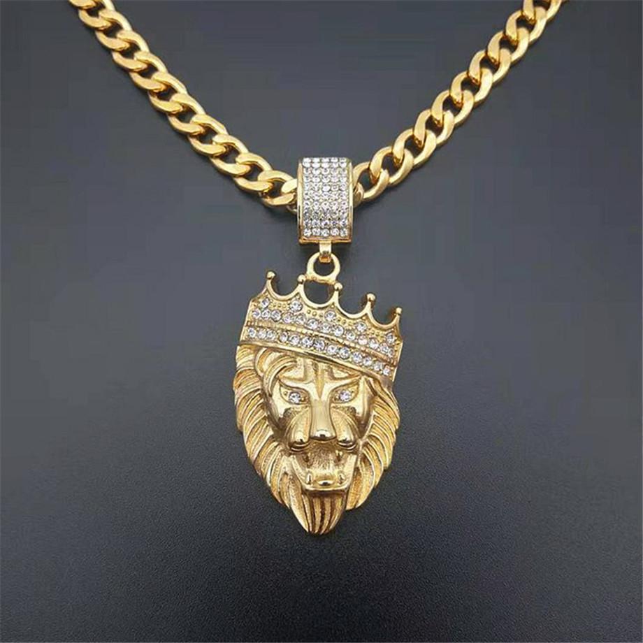 Нержавеющая Сталь Корона Лев Цепь Голова Кулон Iced Out Блеск Золотой Цвет Животное Ожерелье для Мужчин Хип-Хоп Украшения Dropshipping