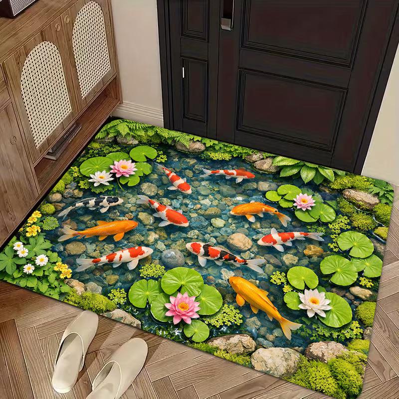 1pc, 2D Flat Printing, New Chinese Style Lotus Pond Koi Entrance Mat, Perfect for Festive Dining And Home Decor, Indoor/Outdoor Party Decoration