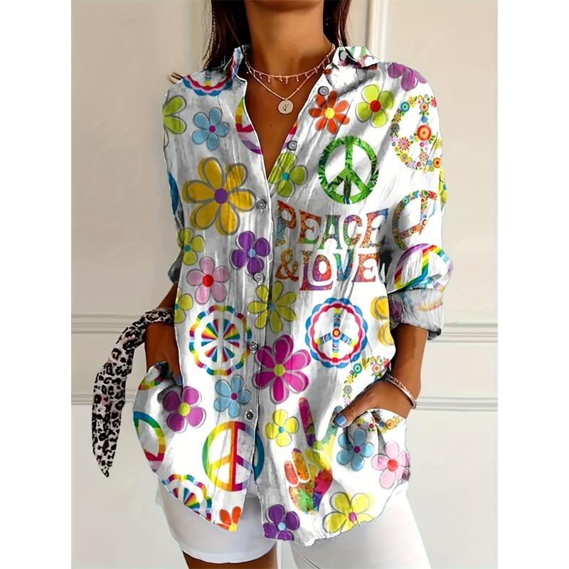 Summer Fashion Women's Lapel Shirt Big Size Button Long Sleeve Daily Weekend V Neck Tops Floral Printed Loose Casual Shirt