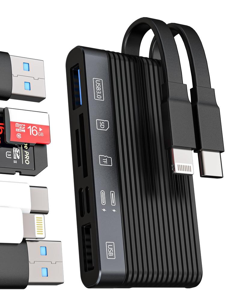 USB-C - Lightning кардридер для SD-карт (6-в-1) Адаптер-кабель для зарядки iPhone 16, 15, 14, двойной порт USB 3.0/2.0, Micro SD, TF, передача флэш-памяти,