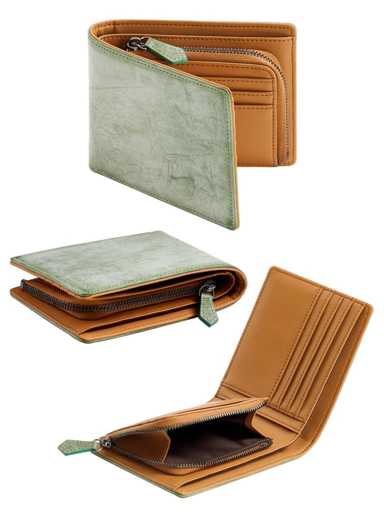 GSG Bridle Leather Bifold Popular Genuine Leather Wallet with Zippered Coin Green Exterior and Brown 23027 Men's Wallet, Brand, Slim, Purse, Compact,