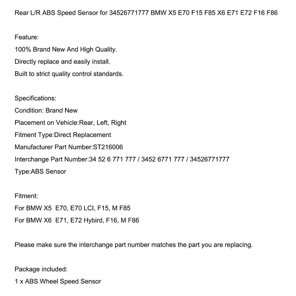 Areyourshop Задний левый/правый датчик скорости ABS для 34526771777 BMW X5 E70 F15 F85 X6 E71 E72 F16 F86