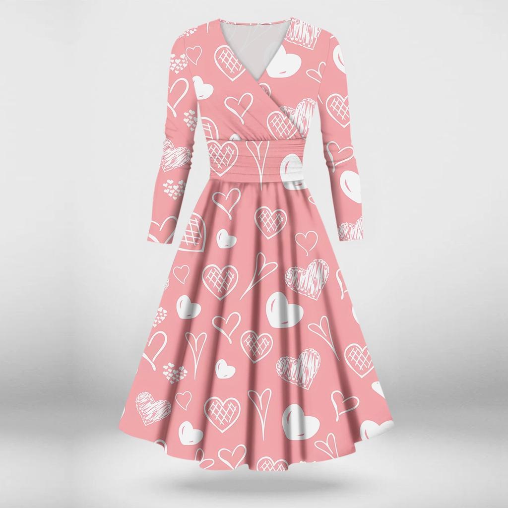 Женская мода повседневное сексуальное платье с длинным рукавом и v-образным вырезом с принтом ко Дню святого Валентина