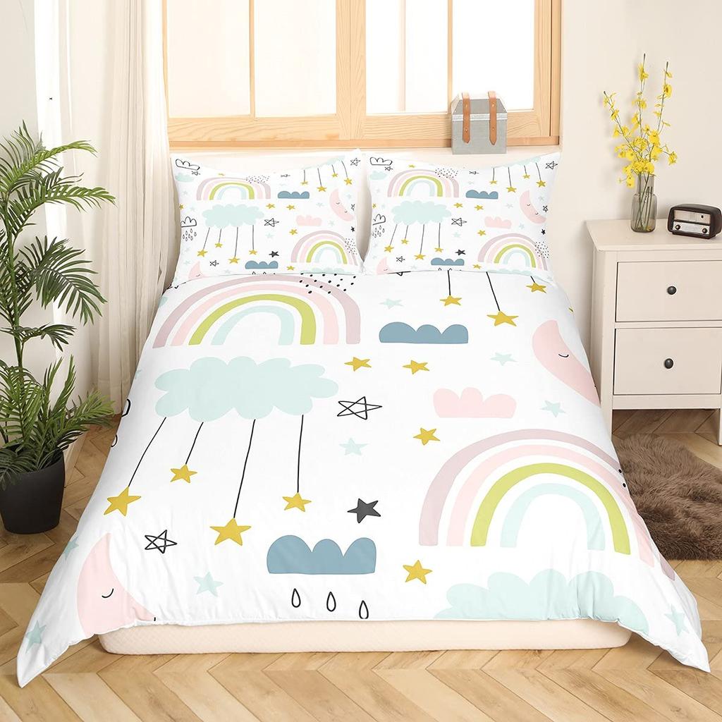 Cartoon Rainbow King Queen Duvet Cover Kids Girls Colorful Clouds Bedding Set Love Heart Comforter Cover Polyester Quilt Cover