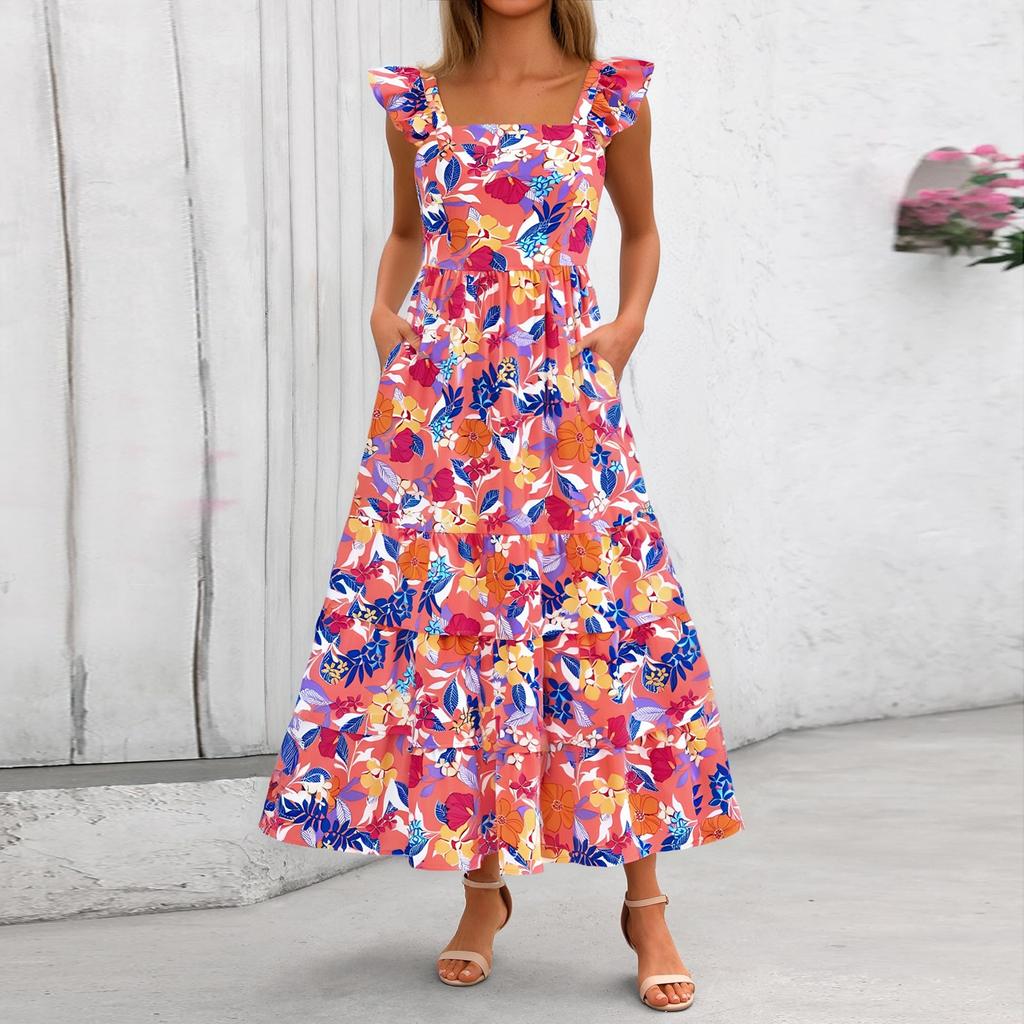 Women's Summer Dresses Casual Ruffled Ruched Tiered A-Line Boho Floral Long Beach Sundress With Pockets