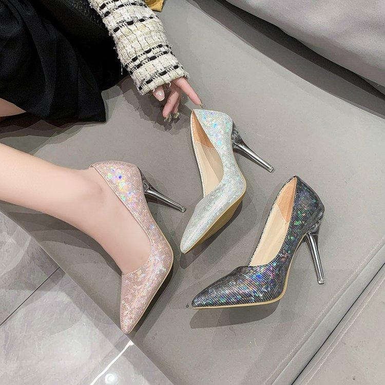 Острый каблук с открытой спиной, тонкий, очень высокий каблук с каблуком, украшением из блесток, мелкий носок, модные, сексуальные, ветреные, банкетные, с блестками