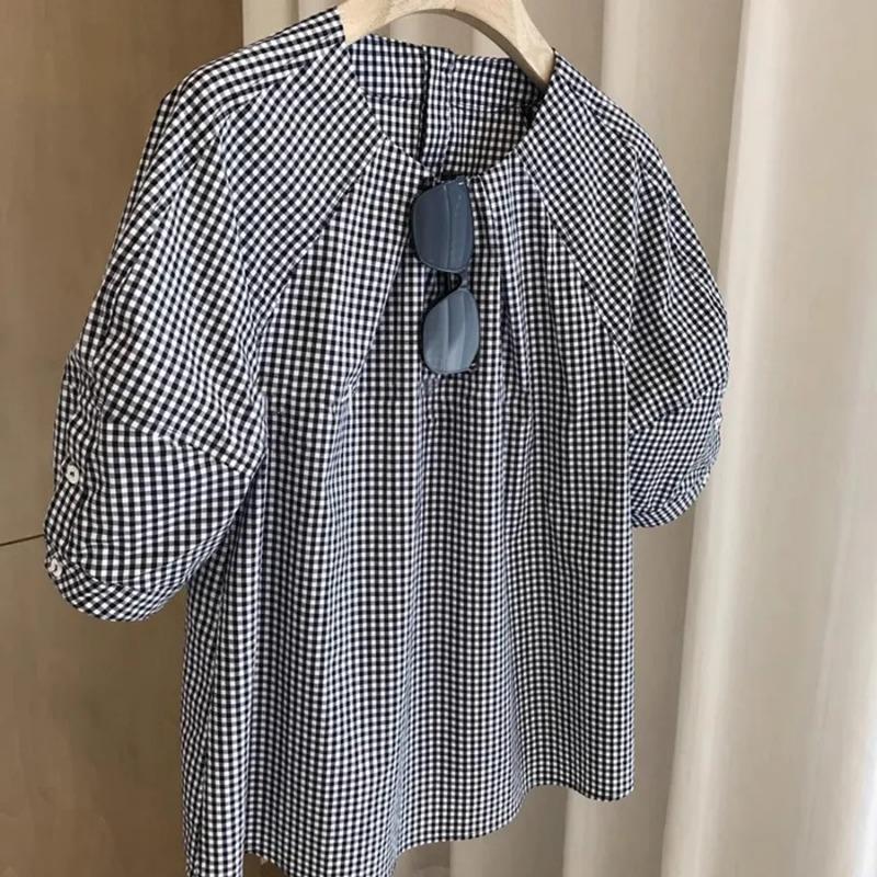 Женская футболка в французском стиле с короткими рукавами, летний свободный клетчатый топ