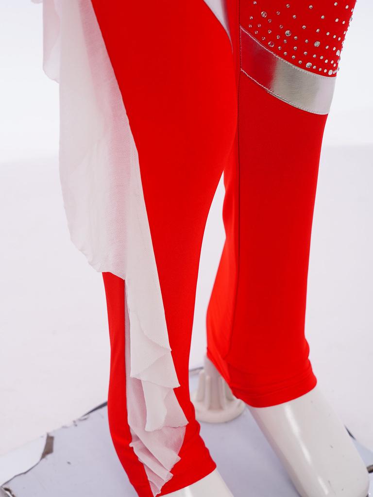 Девочки Гимнастический Купальник Прозрачная Сетка Рюши Дизайн Асимметричный Длинный Рукав Невидимая Молния Купальник На Все Тело