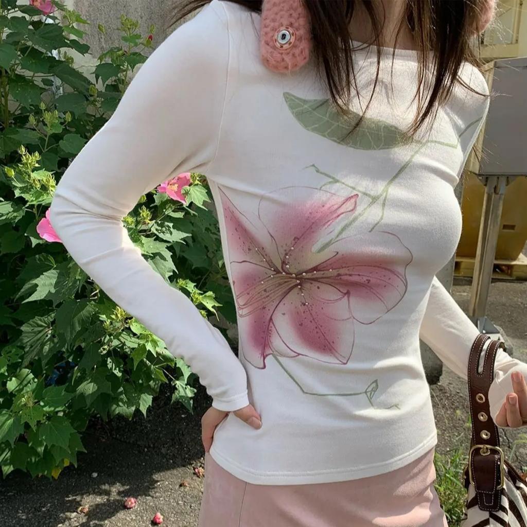 Женская футболка Y2K Fairycore с длинным рукавом и цветочным графическим принтом