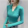 Весенне-осенняя модная нижняя рубашка, женская новая корейская футболка с длинными рукавами, однотонные пуловеры с v-образным вырезом, топ