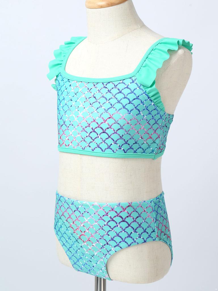 Детские купальники, топы с рюшами на бретелях, купальный костюм с принтом, комплект бикини из двух предметов для маленькой девочки