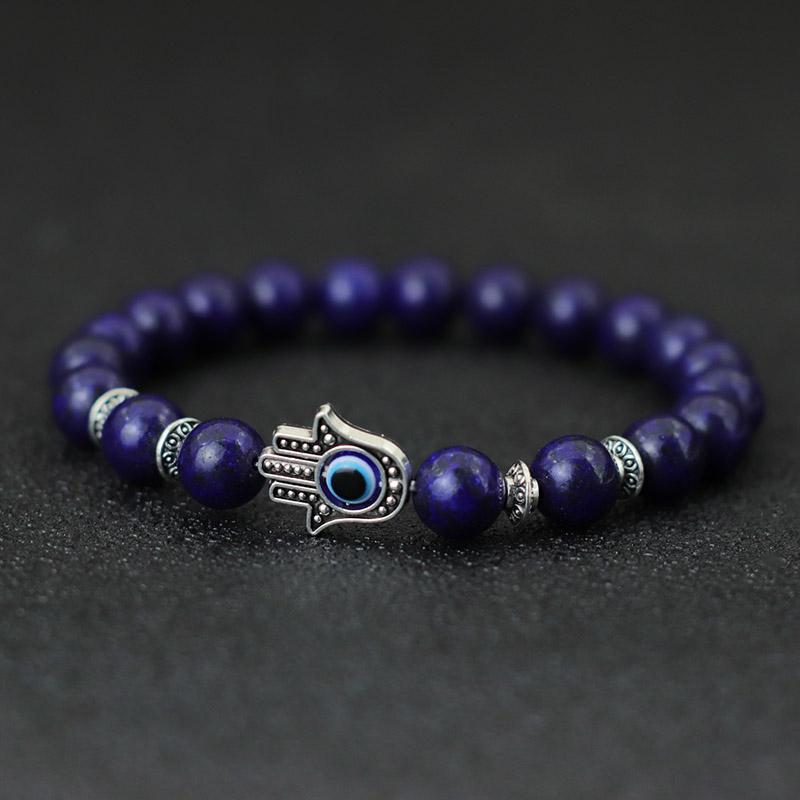 Evil Eyes Bracelet For Men Women Gothic Fatima Hand Braclet 8mm Natural Lava Lapis Lazuli Stone Beaded