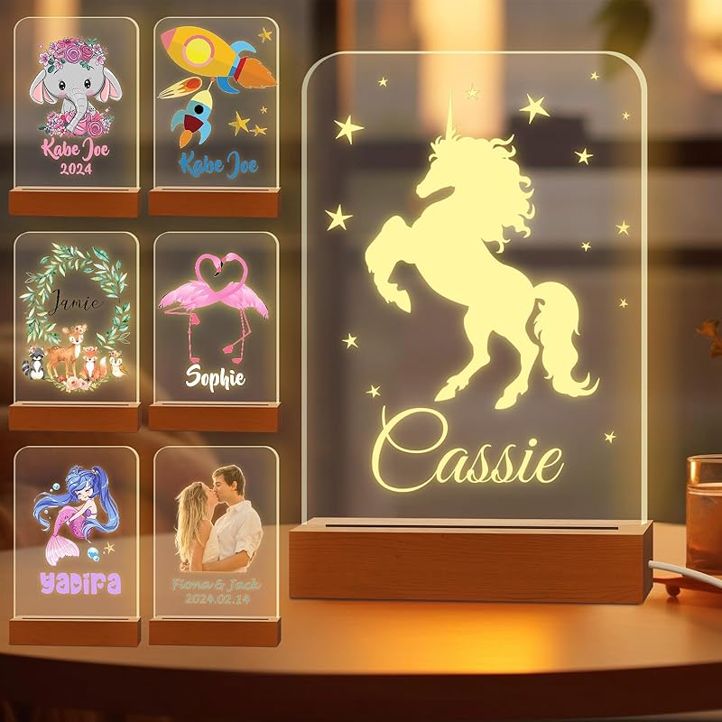 Персонализированный ночник для детей, выгравированное имя, акриловые светодиодные лампы с деревянной основой для детской спальни, декоративный ночник, индивидуальный день рождения