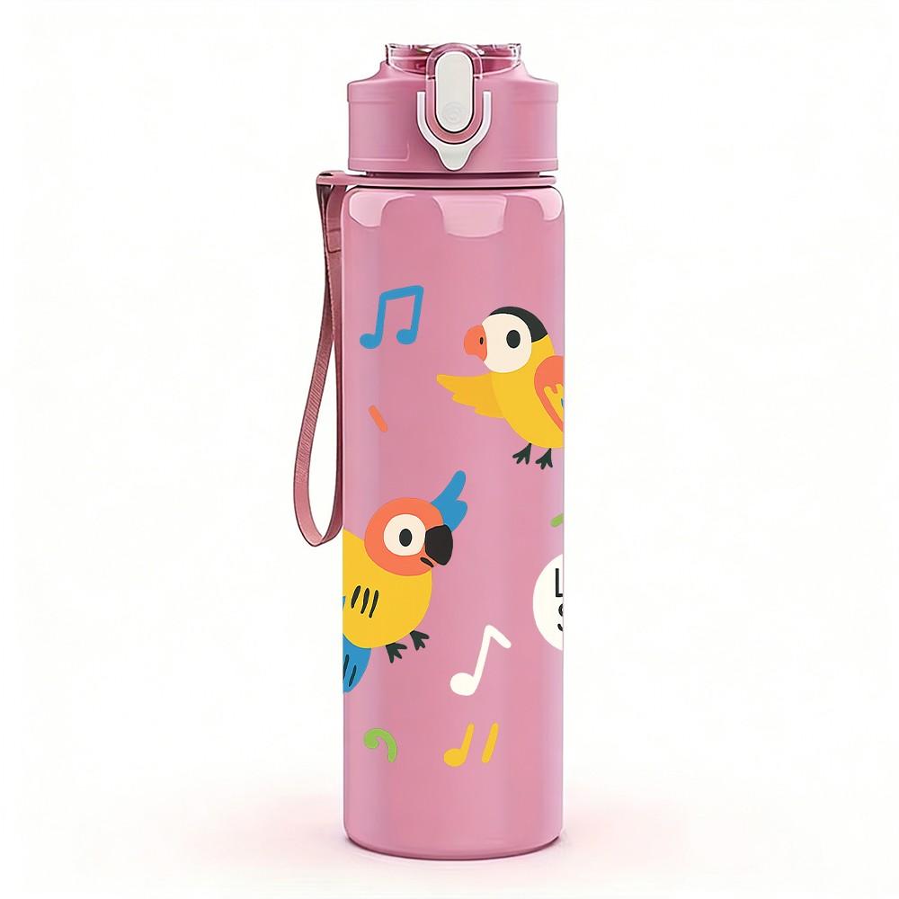 1PC Colorful Bird Repeat Pattern 750ml Color Plastic Sports Water Bottle Leakproof Flip Straw Lid Suitable for Sports Office Home Use