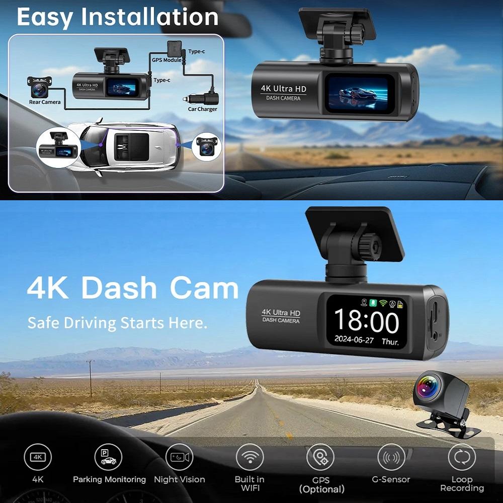 4K Ultra HD Dual Lens Auto Dash Recorder, Super Wide Angle Night Vision, Front Rear Recording with WiFi & Built-in GPS Module