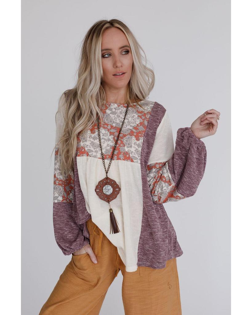 Azura Exchange Multicolor Floral Colorblock Bubble Sleeve Ribbed Knit Top