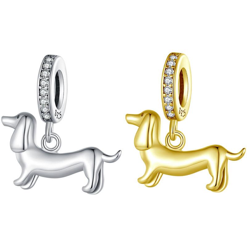 Popular Dachshund S925 Sterling Silver Pendant Accessories, Cute Puppy Animal Handmade Diy Bracelet Beaded