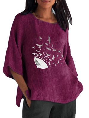 Женская мода Топ с рукавом 3/4 Весна&лето Круглый вырез Принтованная футболка Женский пуловер Хлопково-льняная блузка