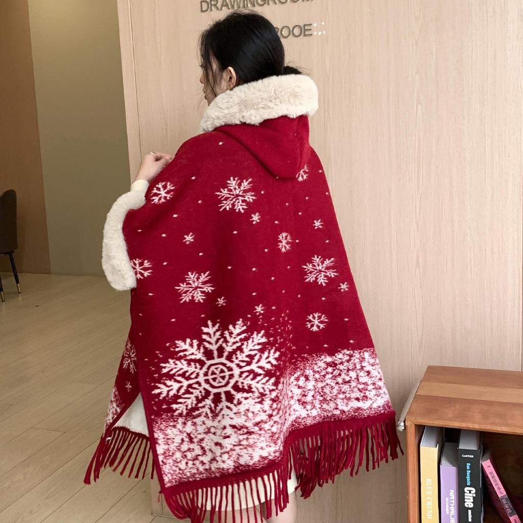 Женское пальто-накидка с капюшоном и воротником из искусственного меха выдры – Зимняя верхняя одежда с жаккардовым узором «снежинки»