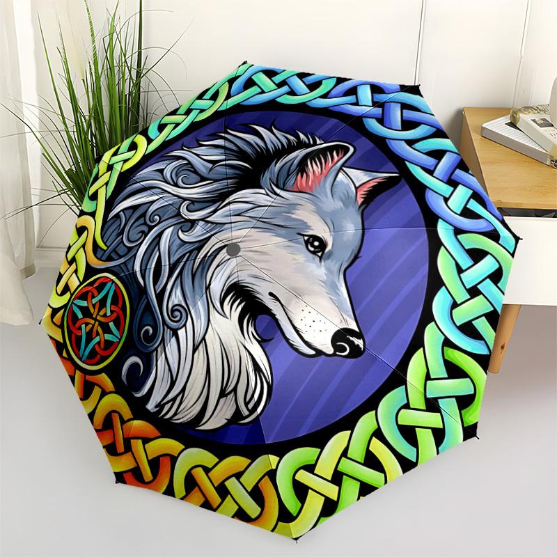 1pc Wolf Celtic Knot Folding Umbrella, Durable, Suitable for Outdoor Activities or Rain, Suitable for Commuting yy251027088