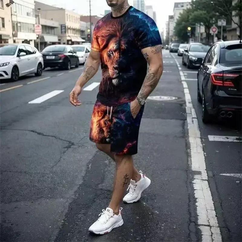 New Light Luxury Men's T-shirt Shorts Set Personalized Lion Tiger Pattern Colorful Mushroom Pattern Fashion Custom Men's Leisure