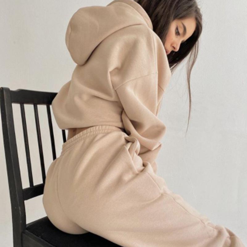 Флисовые спортивные костюмы с капюшоном, женские теплые топы с капюшоном и длинными рукавами, брюки с эластичной резинкой на талии, женские комплекты из двух предметов, женские наряды