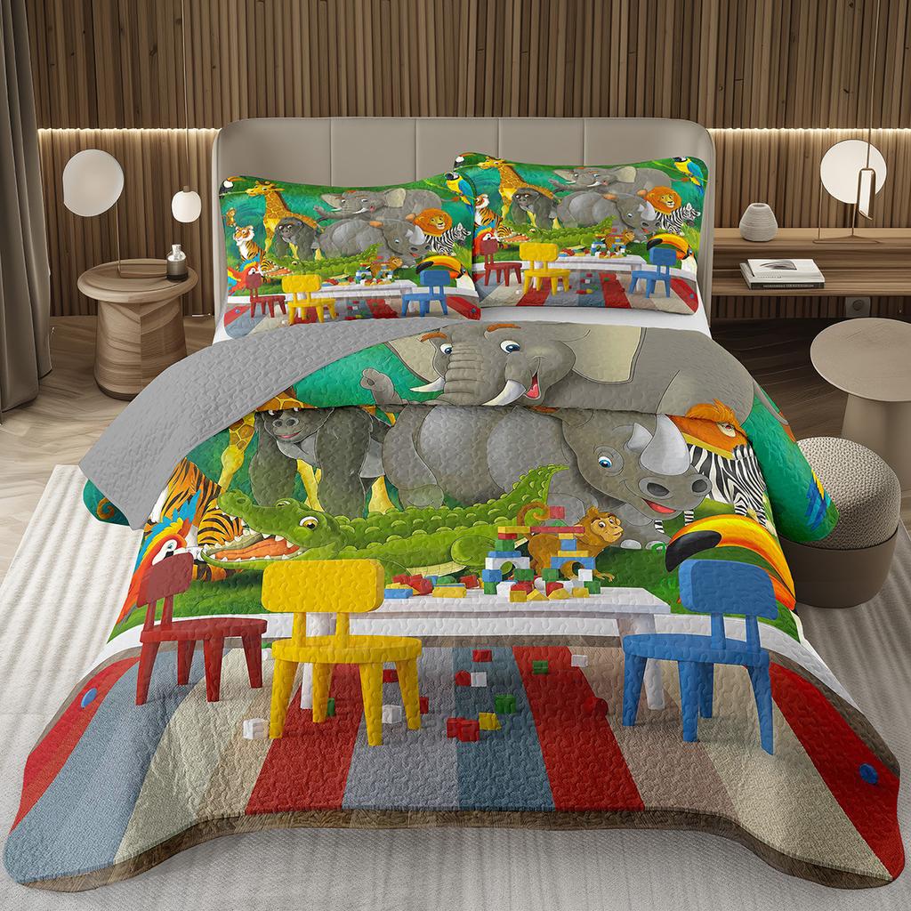 Funny Cartoon Animal Bedspread Queen/Full Kawaii Elephant Panda Coverlet Reversible Grey Quilted Bedding Set For Kids Teen Room