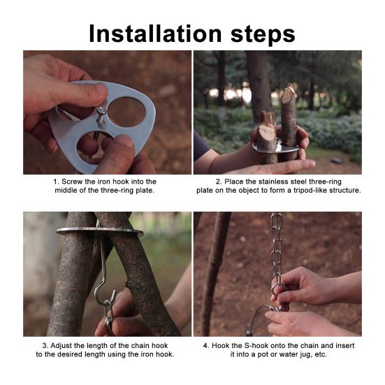 Портативная тренога для пикника из нержавеющей стали, тренога для кемпинга, набор для крепления с крючками, цепь, подвесная подставка для котелка