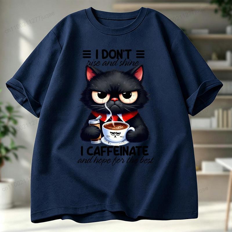 Funny Coffee Loving Cat Vintage Men's T-shirt Fun Quirky Style Humor Animal Graphic Unisex Trend Hip Hop Streetwear Tee Shirts